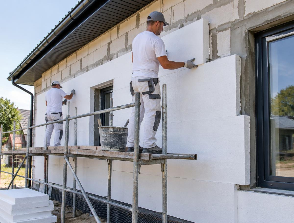 Montaż płyt styropianowych na ścianie domu — zdjęcie poglądowe
